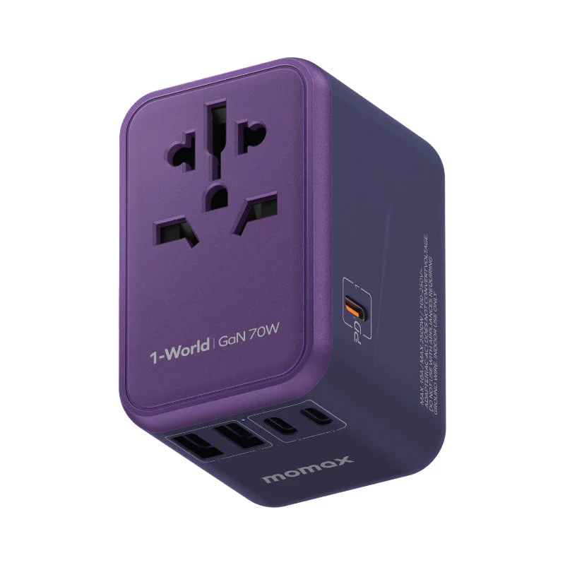 Momax UA8AU 1-World 70W GaN 5 Ports + AC Travel Adaptor - Purple