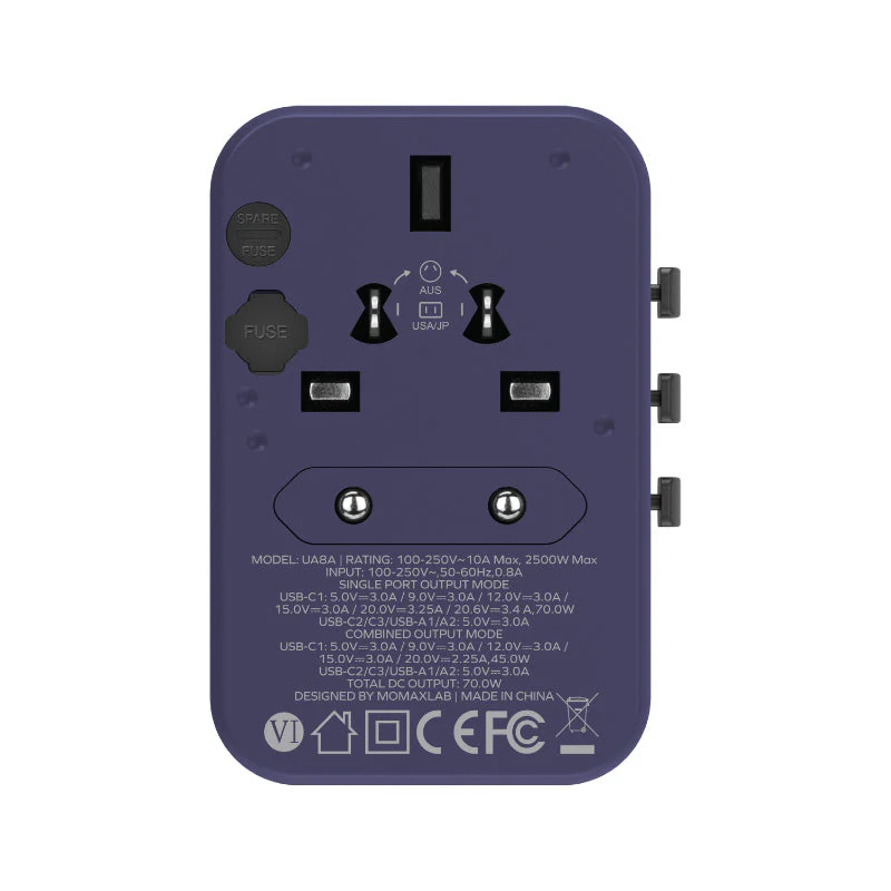 Momax UA8AU 1-World 70W GaN 5 Ports + AC Travel Adaptor - Purple - Image 6