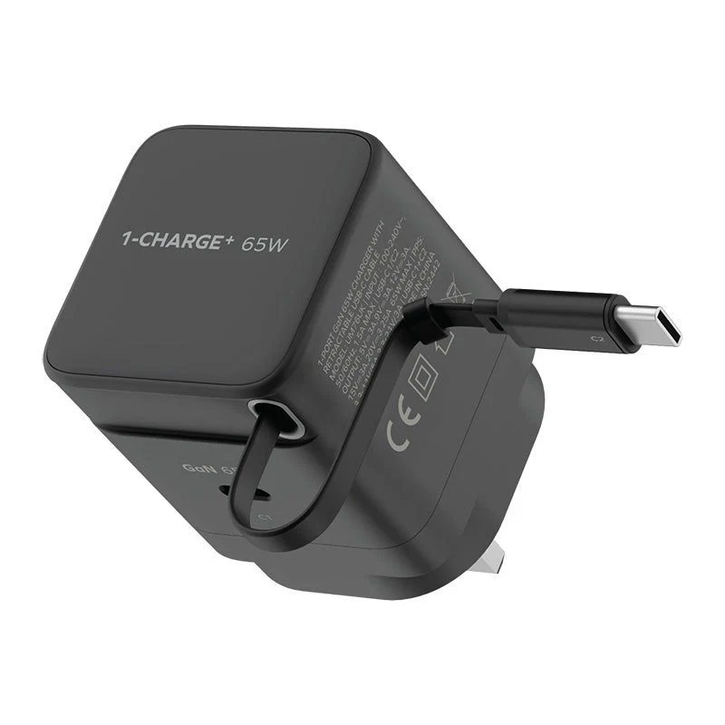 Momax UM76UKD 1-Charge+ 65W 1-Port GaN Charger with Retractable USB-C Cable - Black