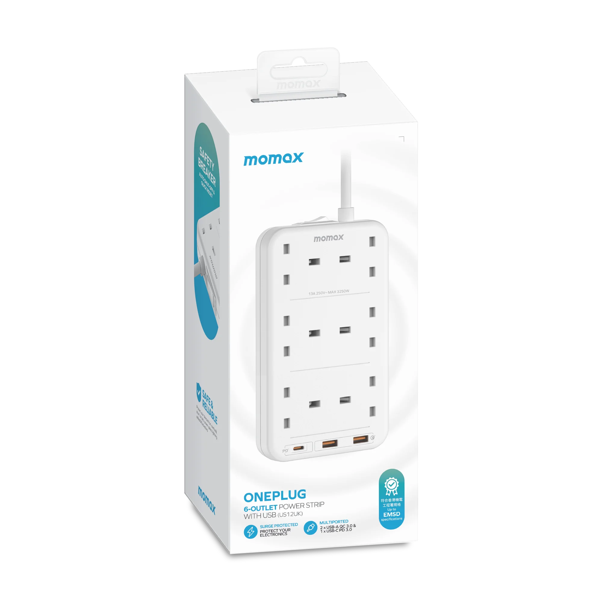 Momax US12UKW ONEPLUG 6-Outlet Power Strip with USB (White) - Image 9