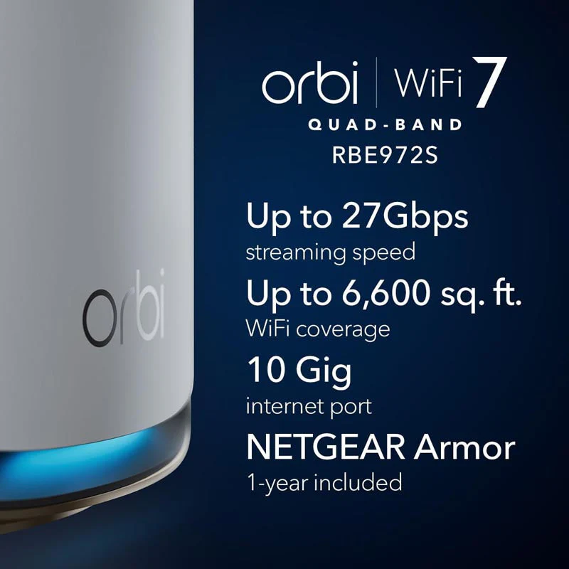 Netgear Orbi 970 Quad-Band WiFi 7 Mesh System - BE27000 27Gbps - 2-Pack - White (RBE972S) - Image 6