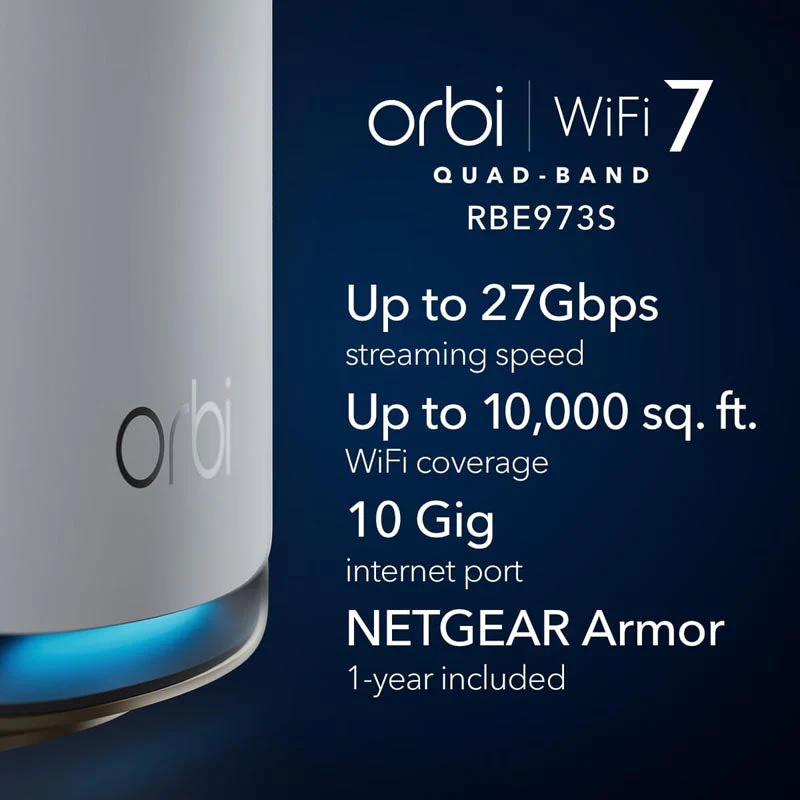 Netgear Orbi 970 Quad-Band WiFi 7 Mesh System - BE27000 27Gbps - 3-Pack - White (RBE973S) - Image 7
