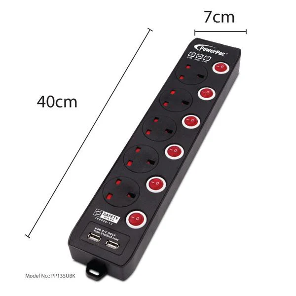 Powerpac PP135UBK 5Way 3M Extension with 2 x USB (Black)