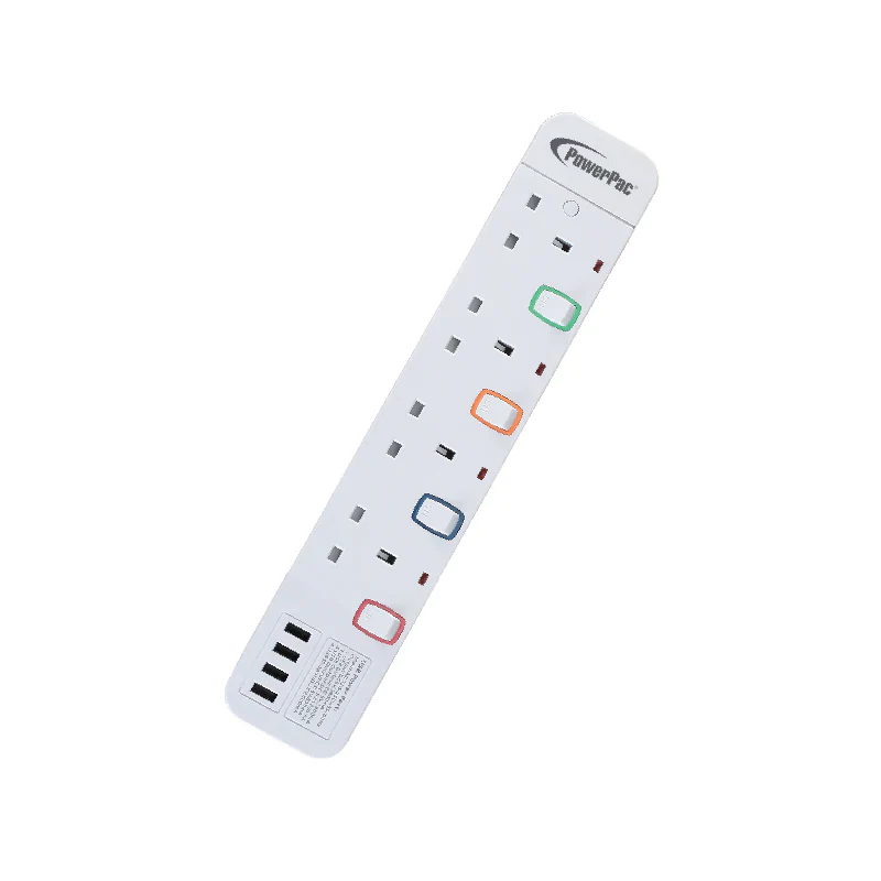 PowerPac PP9114U 4Way 3M Ext. Socket with 4XUSB 3.2A (White)