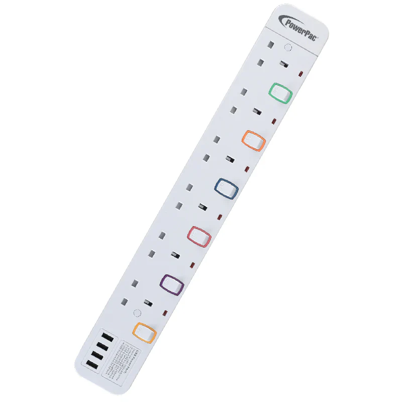 PowerPac PP9116U 6Way 3M Ext. Socket with 4XUSB 3.2A (White)