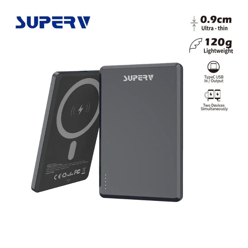 SuperV Power4 5000mAh Ultra-Slim Magnetic Wireless Power Bank (Black)
