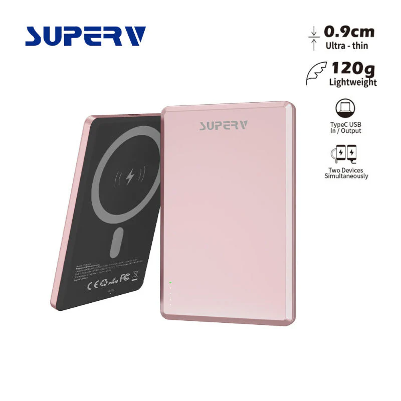 SuperV Power4 5000mAh Ultra-Slim Magnetic Wireless Power Bank (Pink)