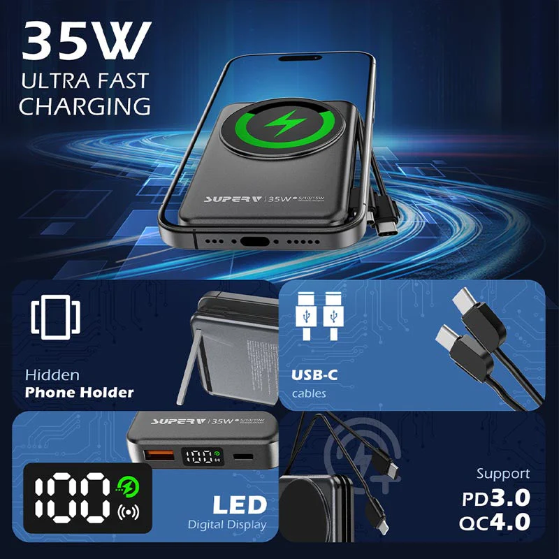SuperV Power11-C 35W 10000mAh with Built-in C cable Power Bank (White) - Image 3