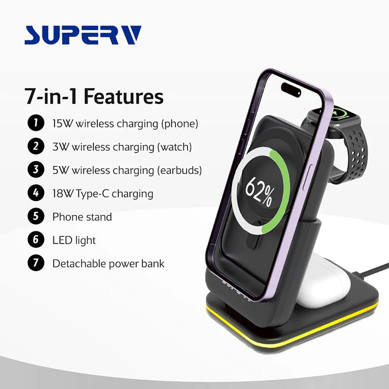 SuperV Station10 7-in-1 5000mAh Foldable Wireless Charging Station Powerbank (Black) - Image 4