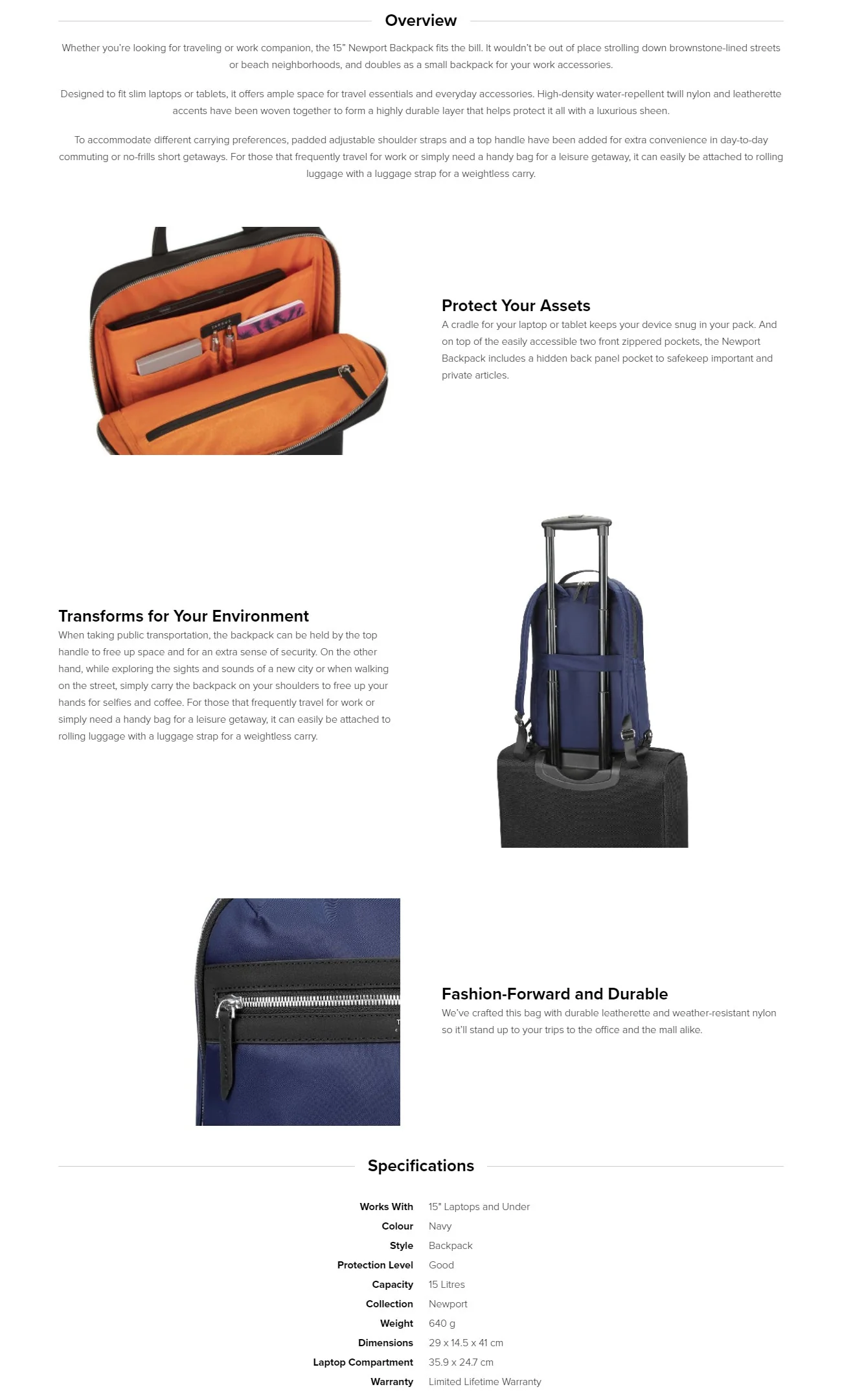 Targus TBB59902GL-70 15inch Newport Backpack (Navy) - Image 5