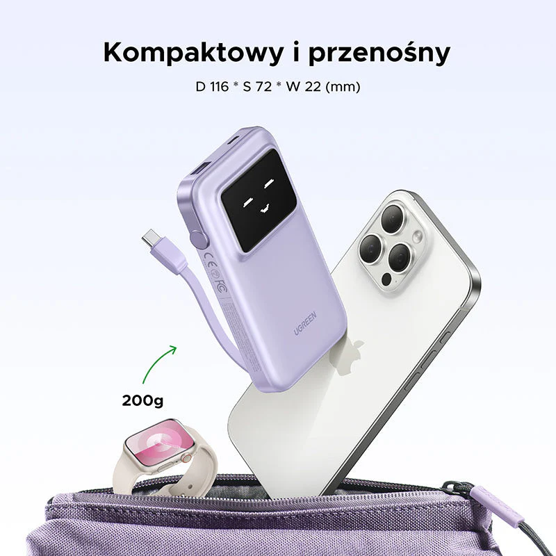 Ugreen PB511 10000mAh 30W PD Power Bank with Built-in USB-C to USB-C Cable (Purple) - Image 6