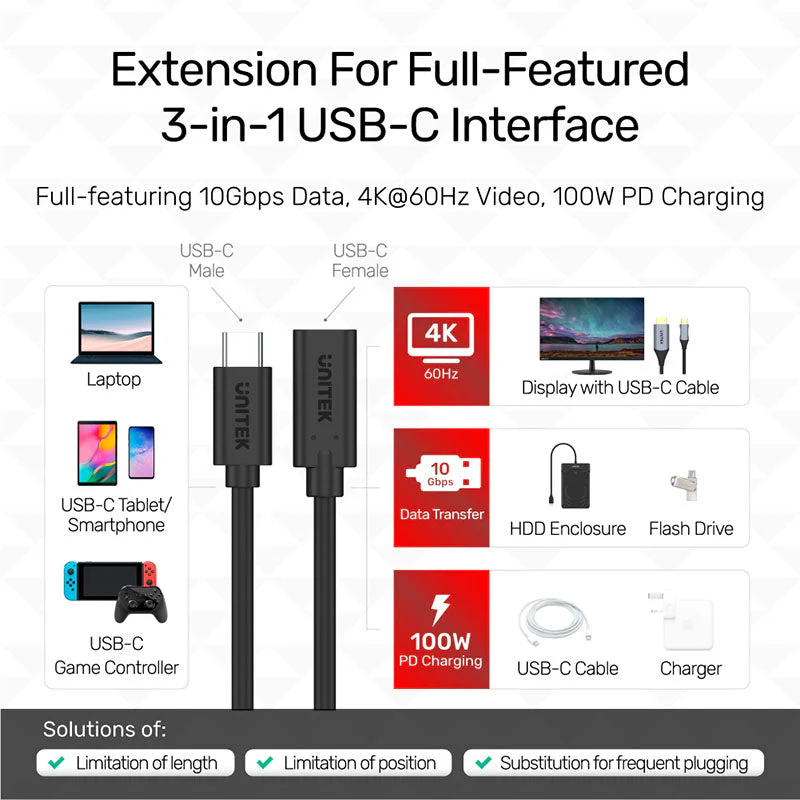 Unitek C14086BK USB 3.2 Gen2 Full-Featured USB-C Extension Cable (1M) - Image 2