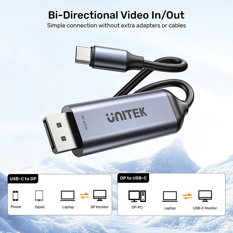 Unitek V1423D 8K USB-C to DisplayPort Bidirectional Cable (1.8M) - Image 2