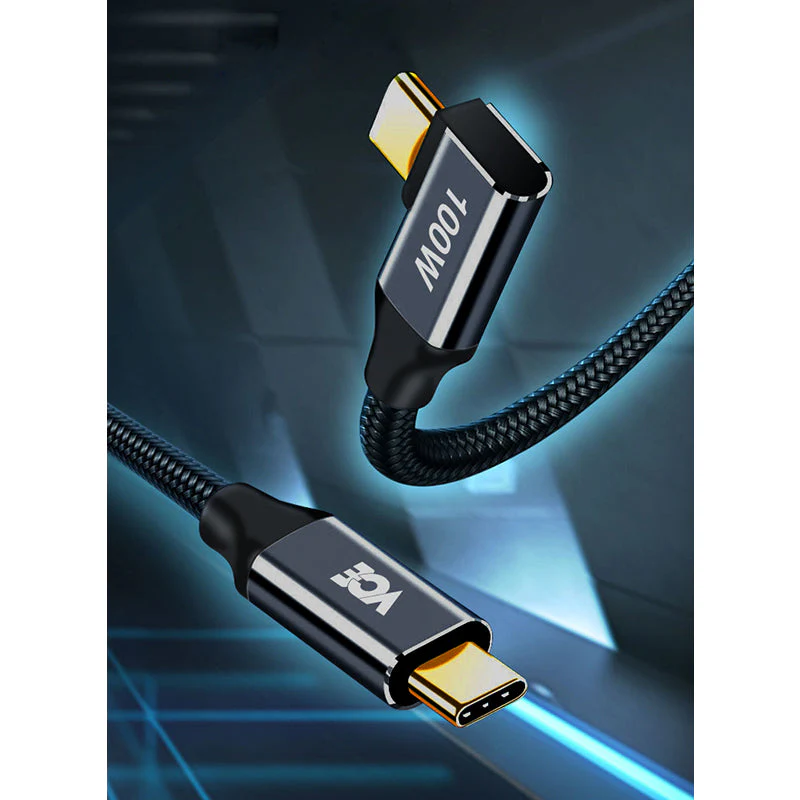 VCE VE-TC14-BK 90° PD100W 1M USB-C to USB-C Cable Black - Image 2