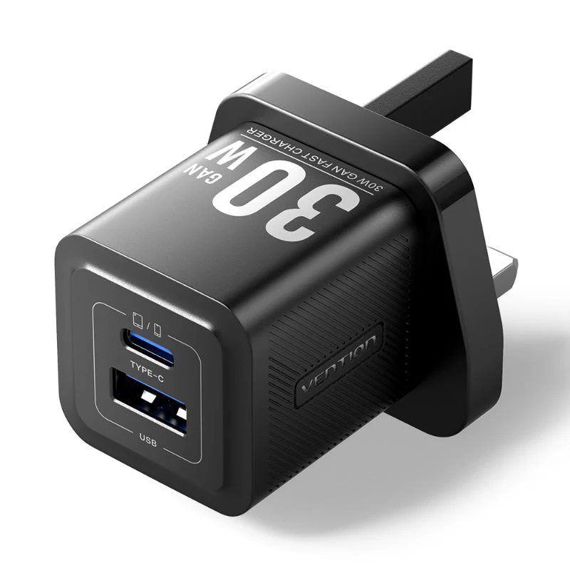 Vention FEQ-UK 2-Port USB (C + A) GaN Charger UK-Plug (Black) - Image 2